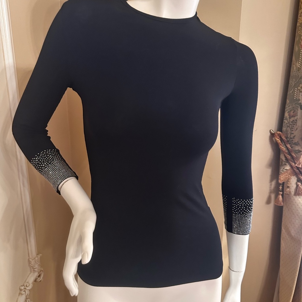 KIKIRIKI Black Long-Sleeve Crewneck Top with Crystal-Embellished Cuffs size S